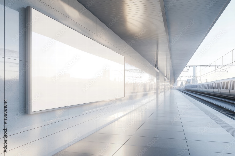 Obraz premium Train Station Billboard Mockup: Modern, sleek train station platform with two large blank billboards ready for your design. Perfect for advertising, transportation, and urban themes. 