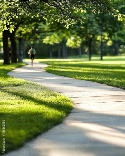 Jogging on a winding path in a lush park daytime tranquil scene photo
