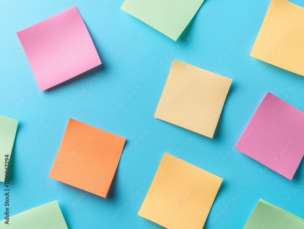 Colorful sticky notes on blue background create vibrant pattern Colorful sticky notes on blue background create vibrant pattern