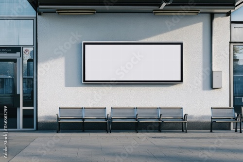 Station Billboard Mockup:  A sleek, modern billboard mockup situated on the exterior wall of a train station, providing ample space for your advertisement or design.