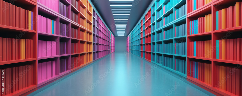 Colorful library with vibrant shelves and books creating futuristic ambiance Colorful library with vibrant shelves and books creating futuristic ambiance