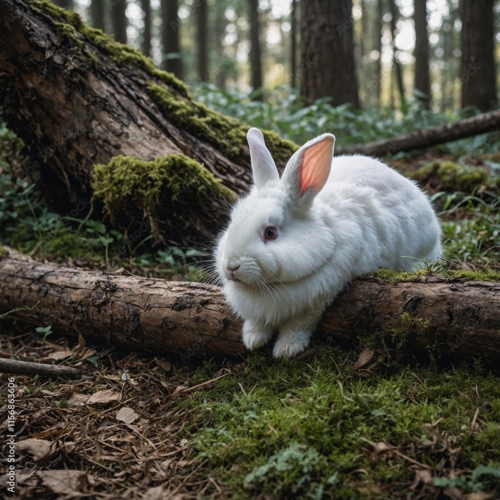 Fototapeta premium A fluffy white rabbit peeking out from under a log in a magical woodland setting.