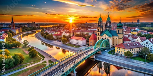 Breathtaking Sunset over Poznan: Bishop Jordan Bridge & Cathedral Aerial View
