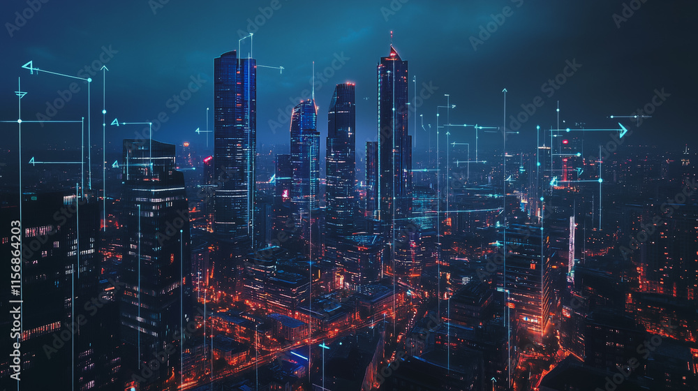Smart digital Innovation city with connection network reciprocity over the cityscape. of future smart wireless city and social media networking systems that connects business people with in city Smart digital Innovation city with connection network reciprocity over the cityscape. of future smart wireless city and social media networking systems that connects business people with in city