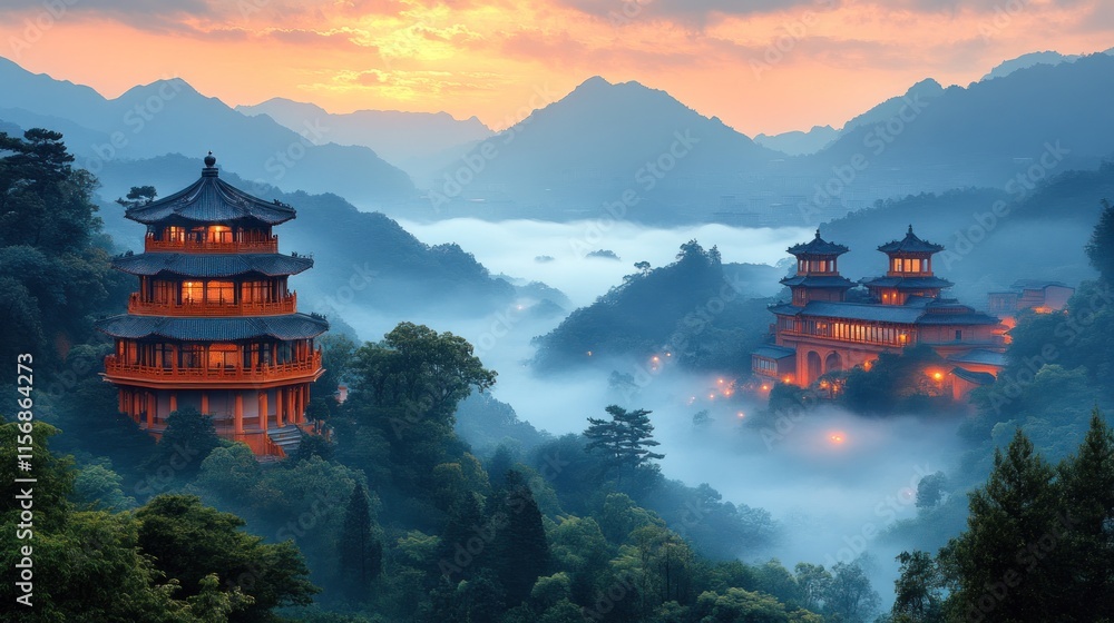 Fototapeta premium Serene mountainous landscape with traditional pagodas amidst mist at sunset.