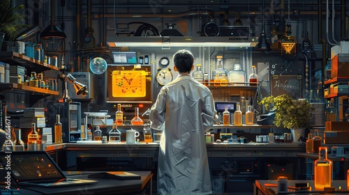 flat design, illustration, The Dream Lab: A scientist creates groundbreaking innovations in a futuristic lab photo