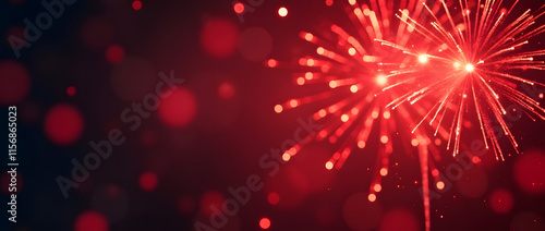 Festive background featuring red fireworks and pyrotechnics against a blurred backdrop with lights, sparks, and firecrackers. Perfect for summer festivals like Natsumatsuri, Chinese New Year, or celeb photo