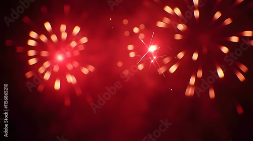 Festive background featuring red fireworks and pyrotechnics against a blurred backdrop with lights, sparks, and firecrackers. Perfect for summer festivals like Natsumatsuri, Chinese New Year, or celeb photo