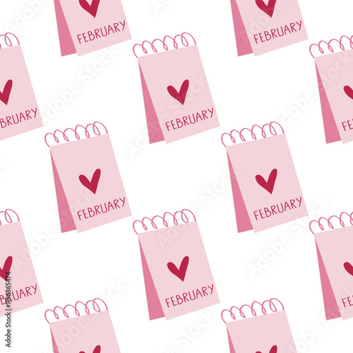 Cute Saint Valentine's Day seamless pattern. A holiday print with pink calendar with February 14 date on.