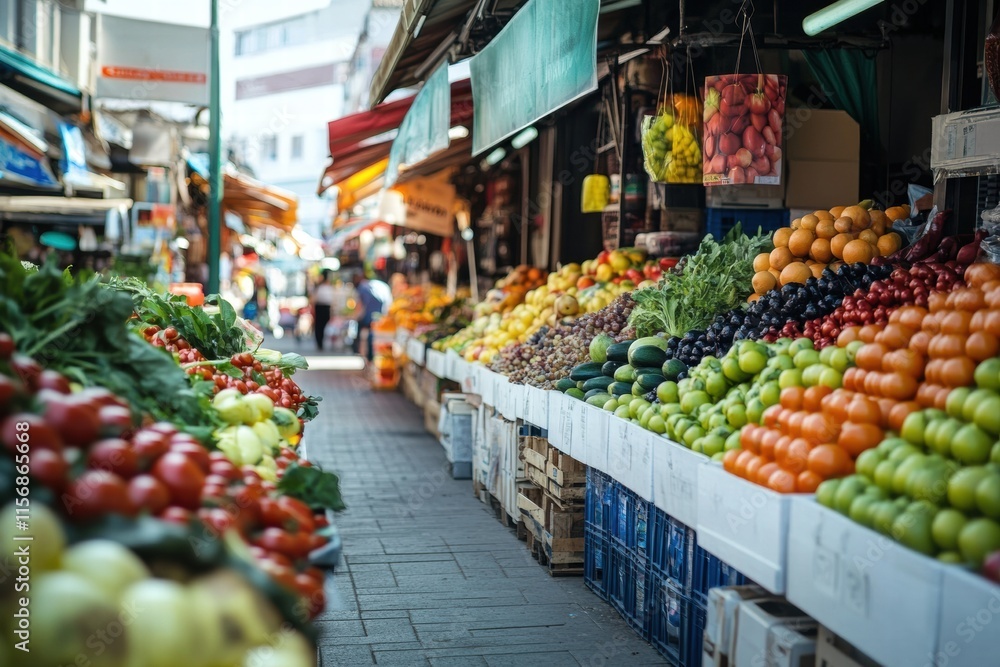 Obraz premium Vibrant Market Stalls Overflowing with Fresh Produce: A picturesque street market scene brimming with colorful fruits and vegetables.