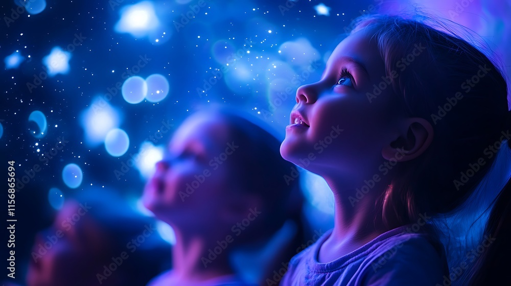 Awe-Inspired Children Wonderingly Gaze at Enchanting Blue Lights Photo. AI Generated Awe-Inspired Children Wonderingly Gaze at Enchanting Blue Lights Photo. AI Generated