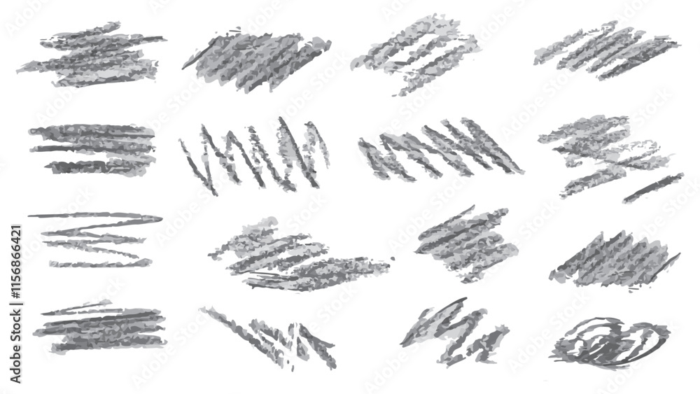 Set of gray doodles drawn with chalk on white background, collection of different brush strokes for decoration, hand drawn thick grunge lines, abstract straight brush strokes and bold lines Set of gray doodles drawn with chalk on white background, collection of different brush strokes for decoration, hand drawn thick grunge lines, abstract straight brush strokes and bold lines