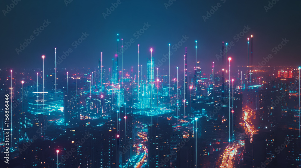 Smart digital Innovation city with connection network reciprocity over the cityscape. of future smart wireless city and social media networking systems that connects business people with in city Smart digital Innovation city with connection network reciprocity over the cityscape. of future smart wireless city and social media networking systems that connects business people with in city