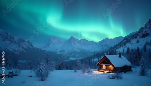 Cabaña de madera y aurora boreal verde sobre las montañas nevadas. Paisaje nocturno. Fondo natural photo