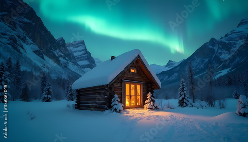 Cabaña de madera y aurora boreal verde sobre las montañas nevadas. Paisaje nocturno. Fondo natural photo