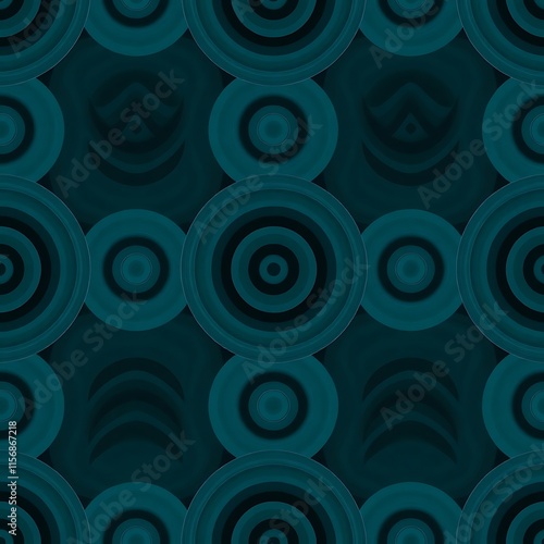 Teal Circle Pattern: A hypnotically abstract pattern with a retro feel, featuring a seamless design of overlapping circles in various shades of teal and navy.   photo