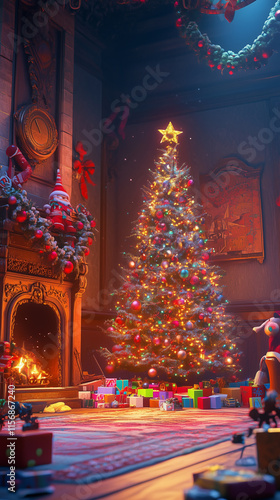 Wallpaper Mural Glowing fireplace, a shimmering Christmas tree, and playful toys around the tree's base-1 Torontodigital.ca