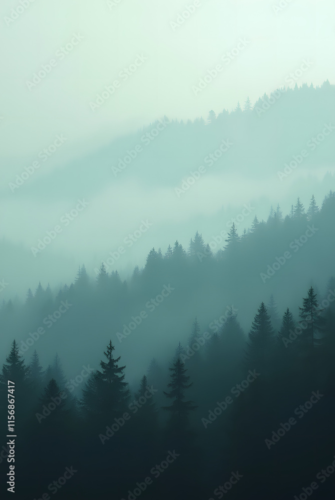 Fototapeta premium Panoramic view of a misty mountain landscape enveloped in morning fog, with a fir forest stretching into the distance. A fleeting, ethereal atmosphere fills the mist-shrouded woods, evoking a vintage 
