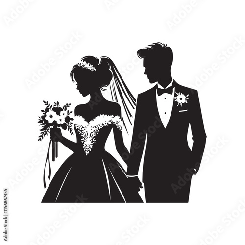 Black Color wedding couple silhouette design Vector Illustration, Solid White Background 49.eps