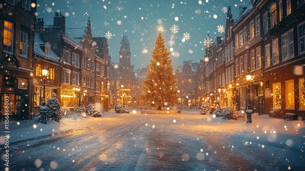 Snowy Christmas street with illuminated buildings and a large decorated tree. Snowy Christmas street with illuminated buildings and a large decorated tree.