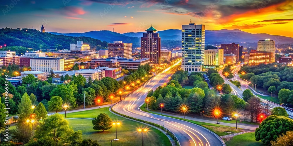 Obraz premium Chattanooga Skyline: Bokeh Cityscape with Lush Greenery and Mountains