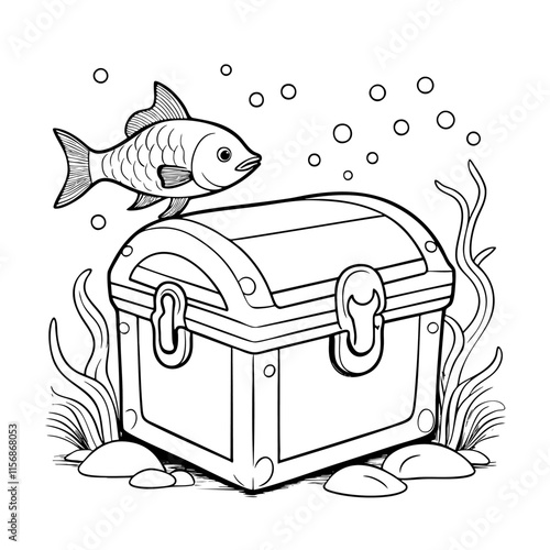printable coloring pages of fish swimming around wooden treasure box, this is ideal outline coloring pages for kindergarten printable