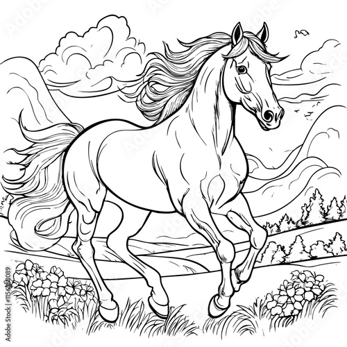 printable coloring pages of Horse running in field with clouds in sky, this is ideal outline coloring pages for kindergarten printable