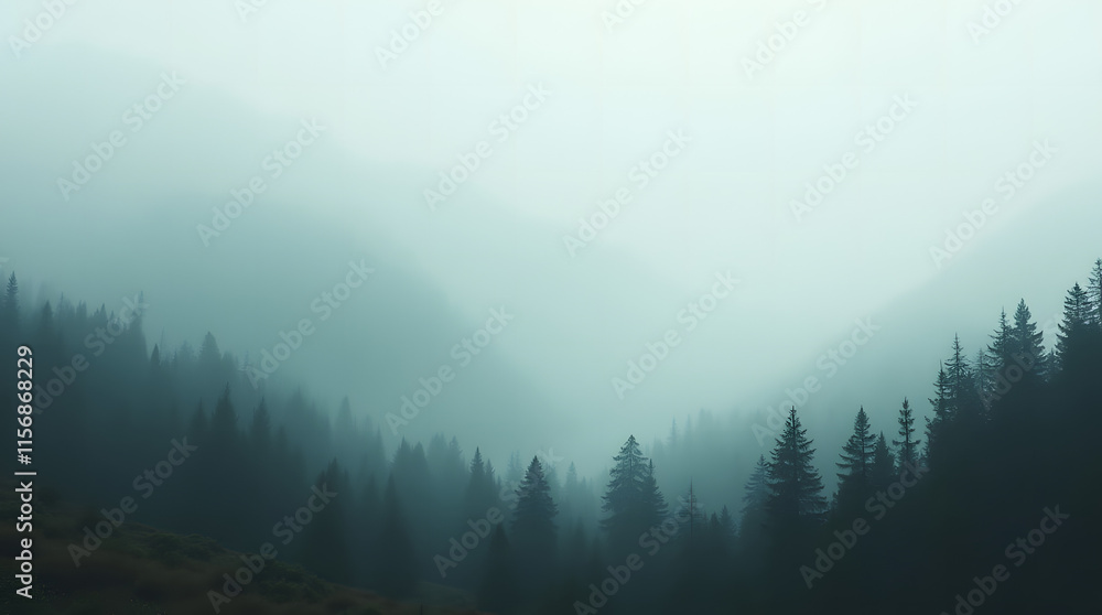 Fototapeta premium Panoramic view of a misty mountain landscape enveloped in morning fog, with a fir forest stretching into the distance. A fleeting, ethereal atmosphere fills the mist-shrouded woods, evoking a vintage 
