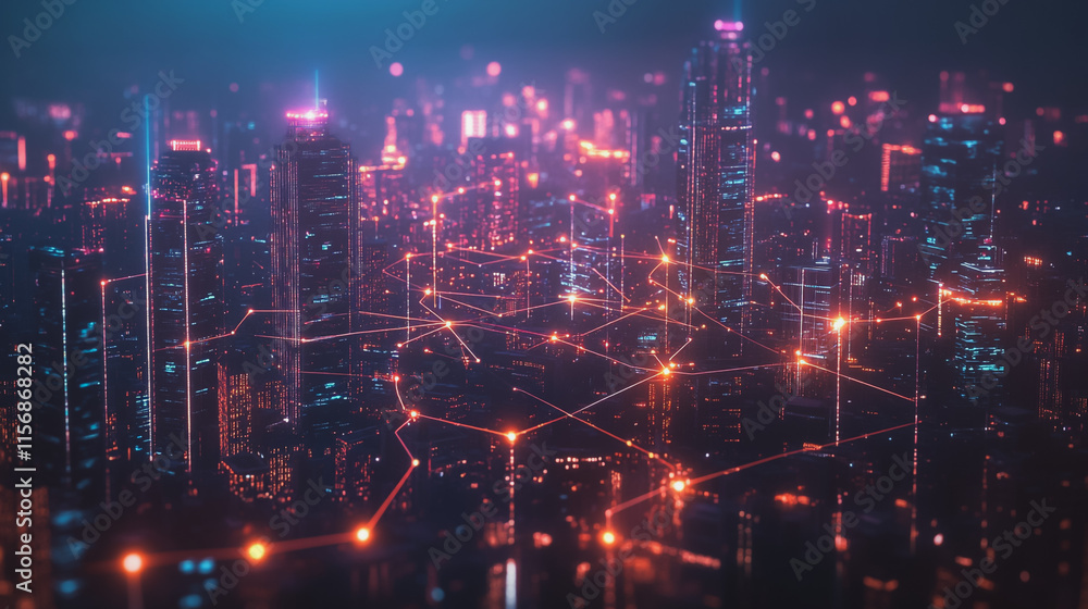 Smart digital Innovation city with connection network reciprocity over the cityscape. of future smart wireless city and social media networking systems that connects business people with in city Smart digital Innovation city with connection network reciprocity over the cityscape. of future smart wireless city and social media networking systems that connects business people with in city