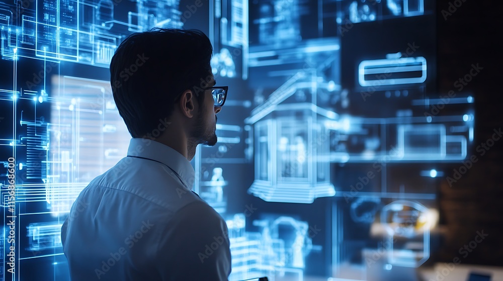 Intrigued Architect Reviews Futuristic Digital Building Plans Photo. AI Generated Intrigued Architect Reviews Futuristic Digital Building Plans Photo. AI Generated