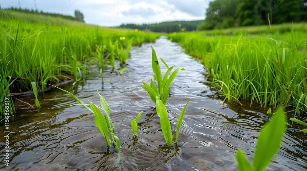 Obraz premium Fresh Green Grass Growing Nearby a Calm Stream in Nature Scene