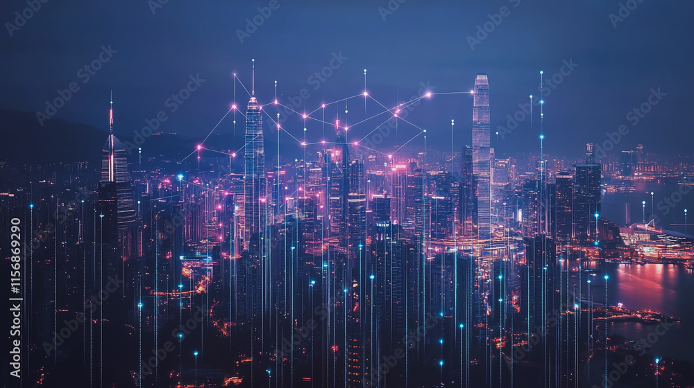 Smart digital Innovation city with connection network reciprocity over the cityscape. of future smart wireless city and social media networking systems that connects business people with in city Smart digital Innovation city with connection network reciprocity over the cityscape. of future smart wireless city and social media networking systems that connects business people with in city