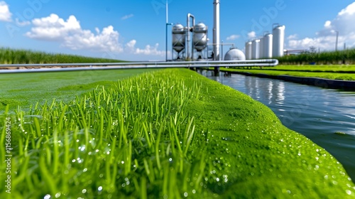 Green Algae Cultivation in Industrial Bioreactor Under Blue Sky photo