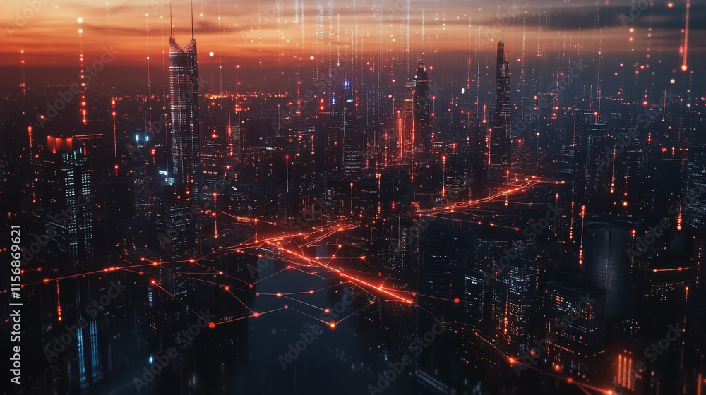 Smart digital Innovation city with connection network reciprocity over the cityscape. of future smart wireless city and social media networking systems that connects business people with in city Smart digital Innovation city with connection network reciprocity over the cityscape. of future smart wireless city and social media networking systems that connects business people with in city