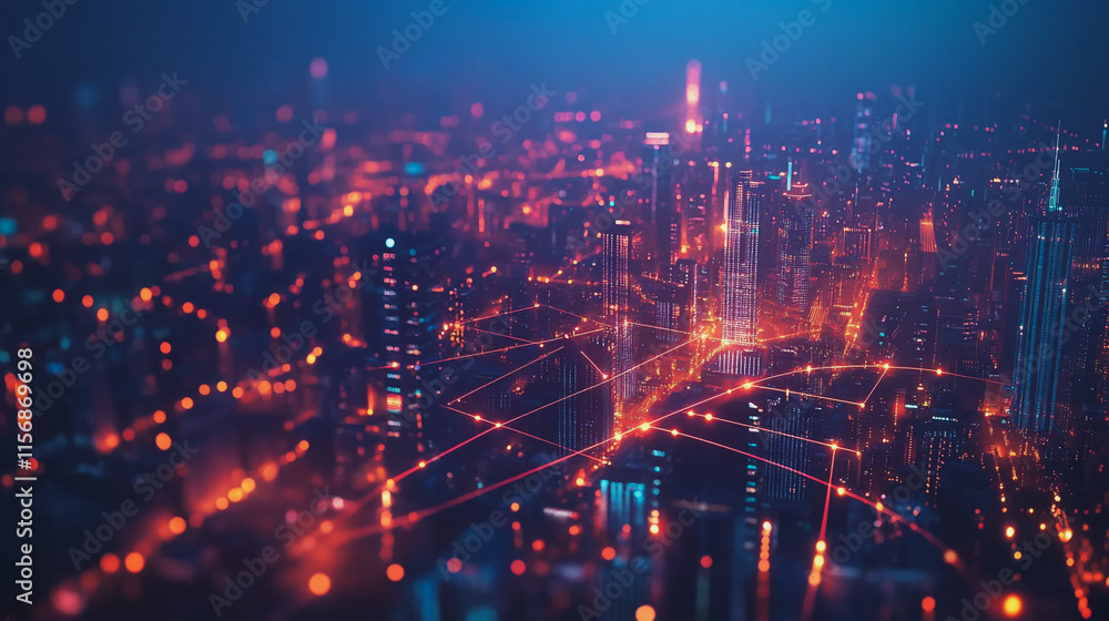 Smart digital Innovation city with connection network reciprocity over the cityscape. of future smart wireless digital city and social media networking systems that connects people with in city Smart digital Innovation city with connection network reciprocity over the cityscape. of future smart wireless digital city and social media networking systems that connects people with in city