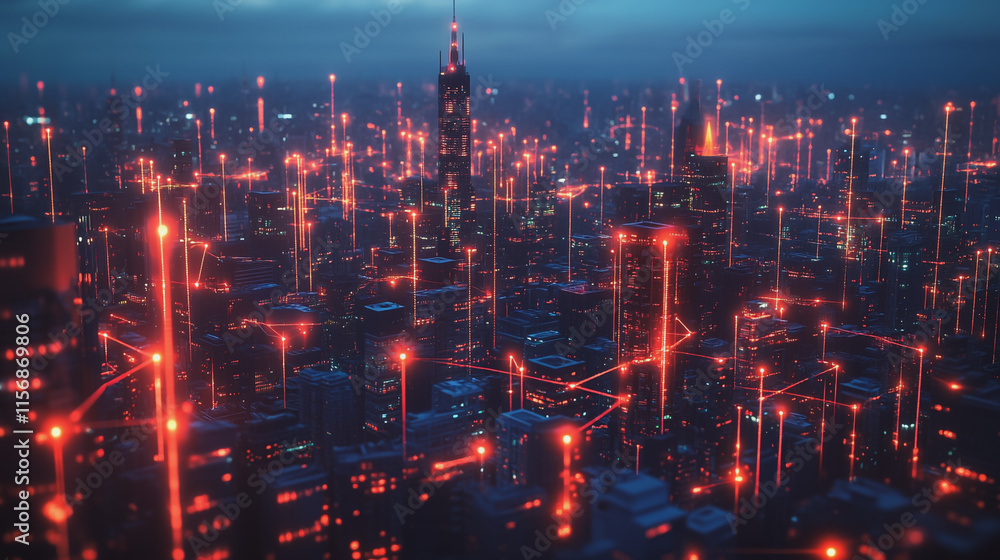 Fototapeta premium Smart digital Innovation city with connection network reciprocity over the cityscape. of future smart wireless digital city and social media networking systems that connects people with in city