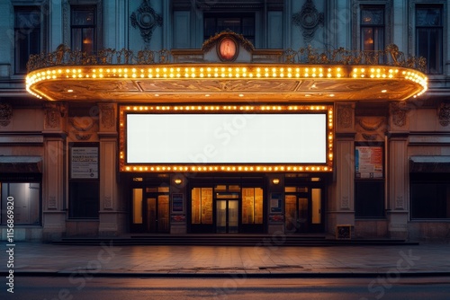 Grand Theatre Entrance at Night: Blank Marquee Sign
