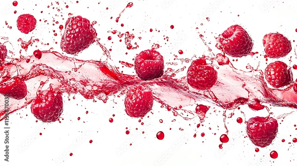 Fototapeta premium Vibrant Raspberries Splashing Dynamically on White Background: Close-up Photo. AI Generated