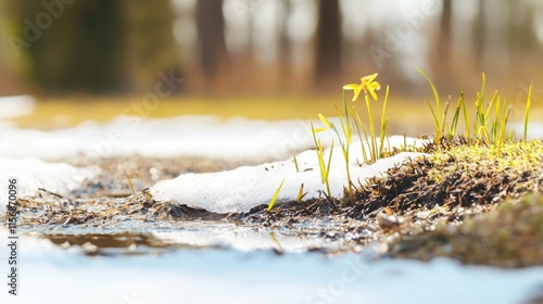 Spring seasonal cycle emerging daffodils amidst melting snow in nature's awakening landscape