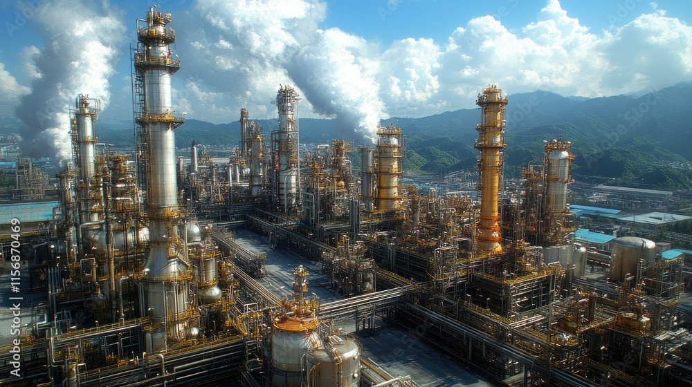 Fototapeta premium Industrial plant emitting smoke against mountains.