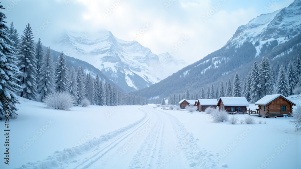 winter wonderland outing: deep snow covers the path, flanked by charming cottages and pine trees, with majestic snow-capped mountains in the distance winter wonderland outing: deep snow covers the path, flanked by charming cottages and pine trees, with majestic snow-capped mountains in the distance