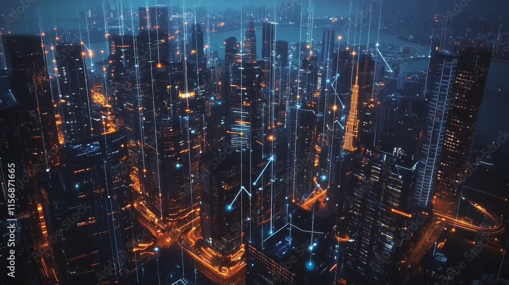 Smart digital Innovation city with connection network reciprocity over the cityscape. of future smart wireless digital city and social media networking systems that connects people with in city Smart digital Innovation city with connection network reciprocity over the cityscape. of future smart wireless digital city and social media networking systems that connects people with in city
