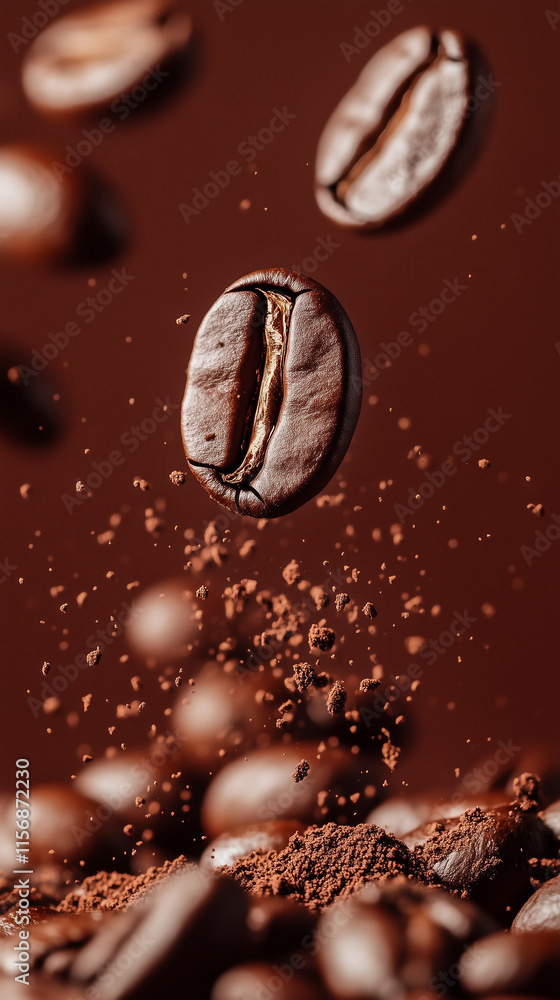 Roasted Coffee Beans Falling on Ground Coffee Particles Roasted Coffee Beans Falling on Ground Coffee Particles