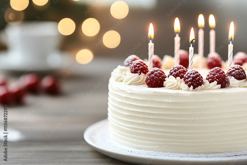 A beautifully decorated white cake with raspberries and lit candles, perfect for a celebration in a cozy setting with soft bokeh lights. A beautifully decorated white cake with raspberries and lit candles, perfect for a celebration in a cozy setting with soft bokeh lights.
