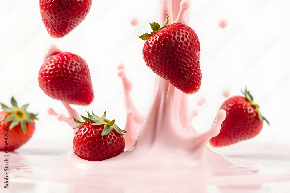 Fresh strawberries splashing into pink liquid, creating a vibrant and dynamic scene. Fresh strawberries splashing into pink liquid, creating a vibrant and dynamic scene.