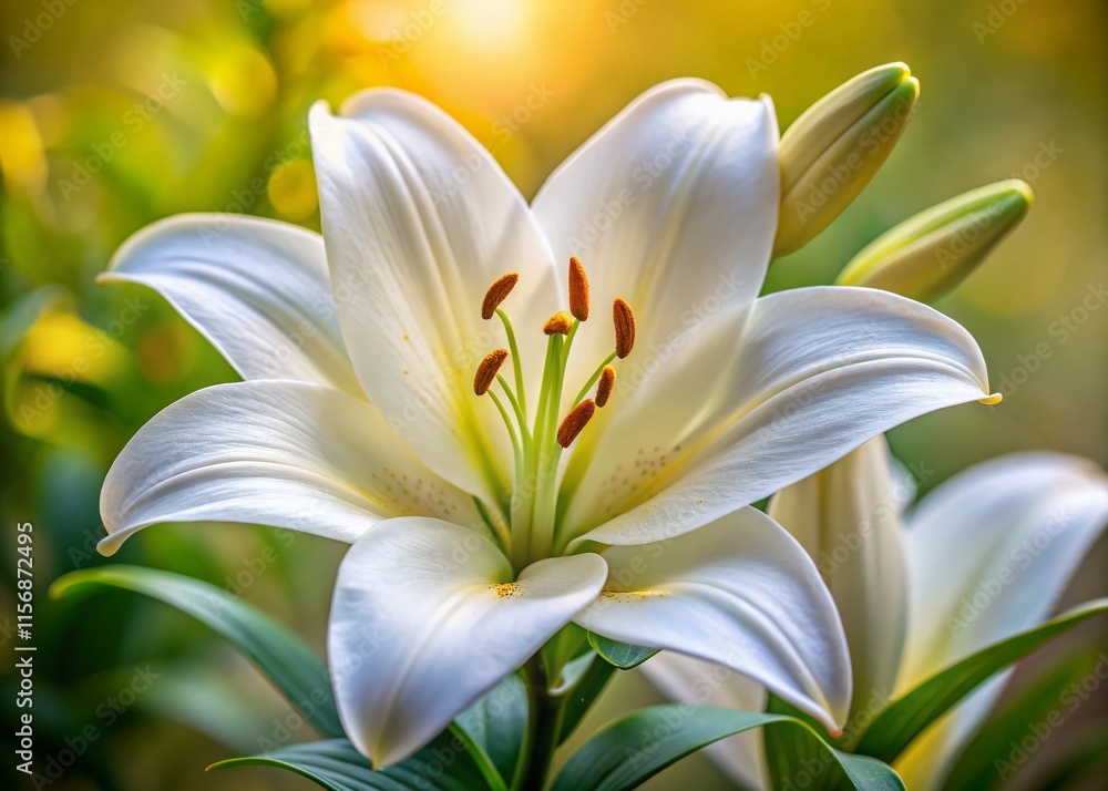 Fototapeta premium Close-up of Delicate White Lily Flower, Pure White Petal Texture, Botanical Photography