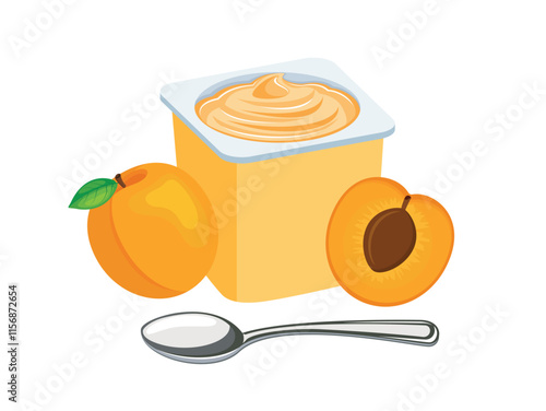 Apricot yogurt in a plastic cup and spoon vector illustration. Apricot yogurt plastic cup icon vector isolated on a white background. Fruit yoghurt and fresh apricots drawing