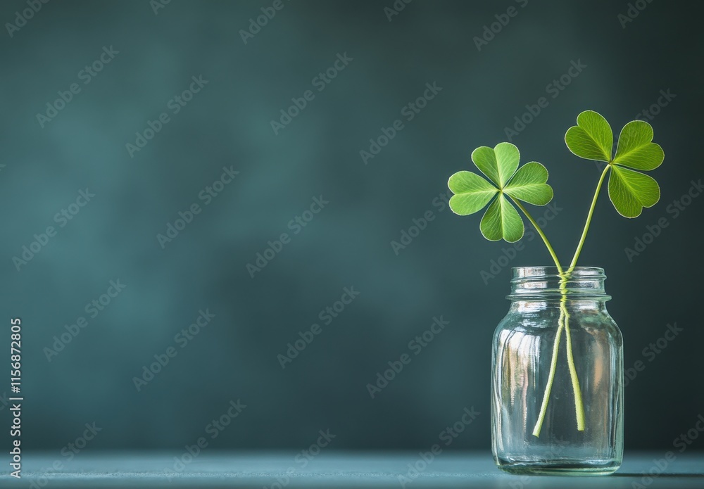 A Minimalist Composition Featuring Four-Leaf Clovers in a Glass Jar Against a Soft, Earthy Green Background, Perfect for Nature and Freshness Themes A Minimalist Composition Featuring Four-Leaf Clovers in a Glass Jar Against a Soft, Earthy Green Background, Perfect for Nature and Freshness Themes