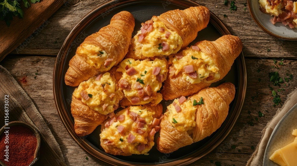 Delicious Croissants Filled with Ham and Cheese on Rustic Wooden Table Delicious Croissants Filled with Ham and Cheese on Rustic Wooden Table