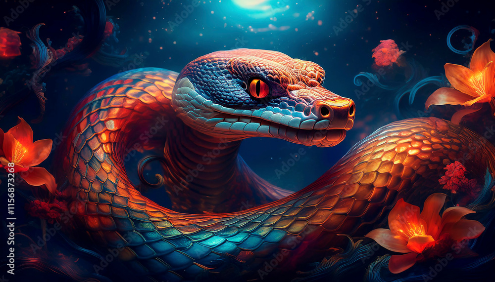 3d rendering of a fantasy dragon in a dark space with flowers.Chinese New Year concept 3d rendering of a fantasy dragon in a dark space with flowers.Chinese New Year concept
